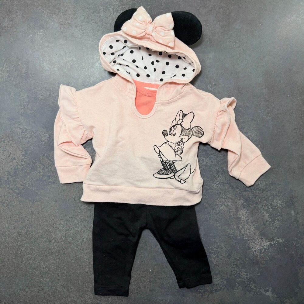 Disney Minnie Mouse Hoodie Outfit Set Pink Black Polka Dot 3–6M